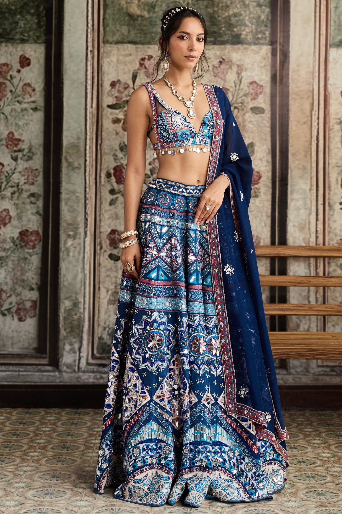 TEAL PRINT AND AND HIGHLIGHTED LEHENGA SET