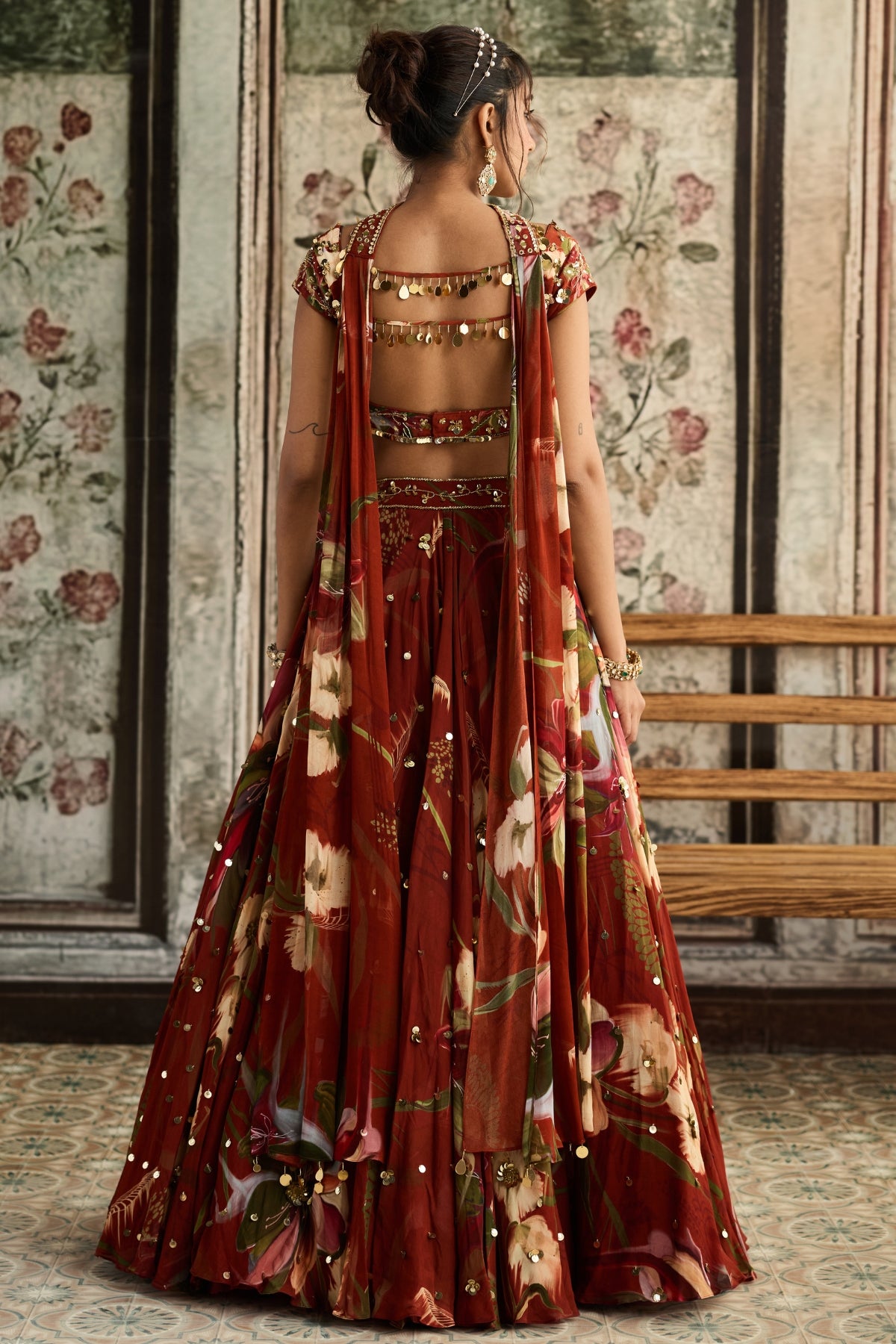 RUST FLORAL PRINT AND HIGHLIGHTED LEHENGA SET