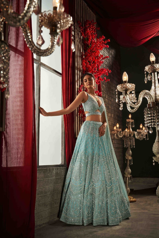 Pastel Icy Mint Hand Embroidered Lehenga Set