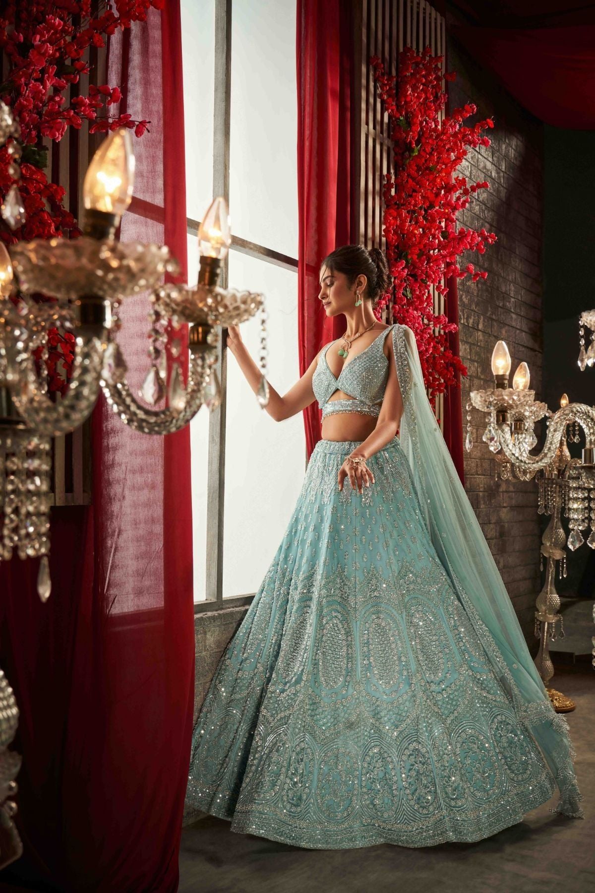 Pastel Icy Mint Hand Embroidered Lehenga Set