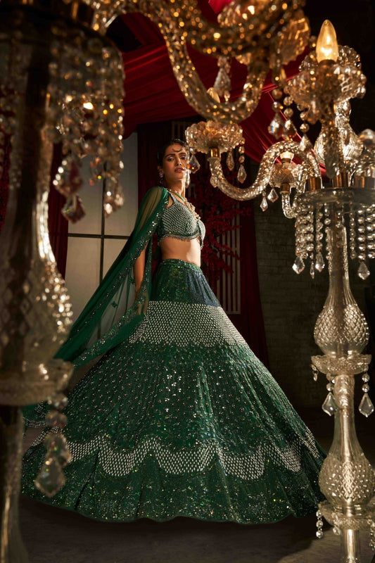 Pearl And Sequin Embroidered Emerald Green Lehenga Set