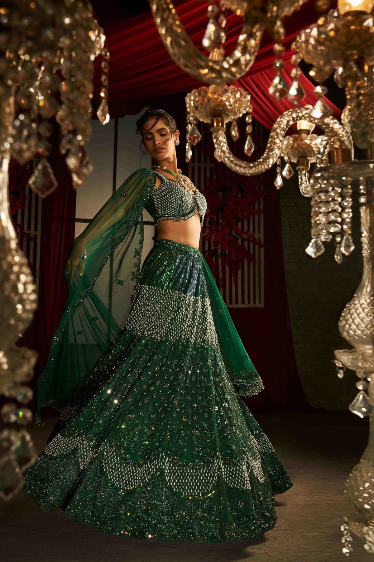 Pearl And Sequin Embroidered Emerald Green Lehenga Set