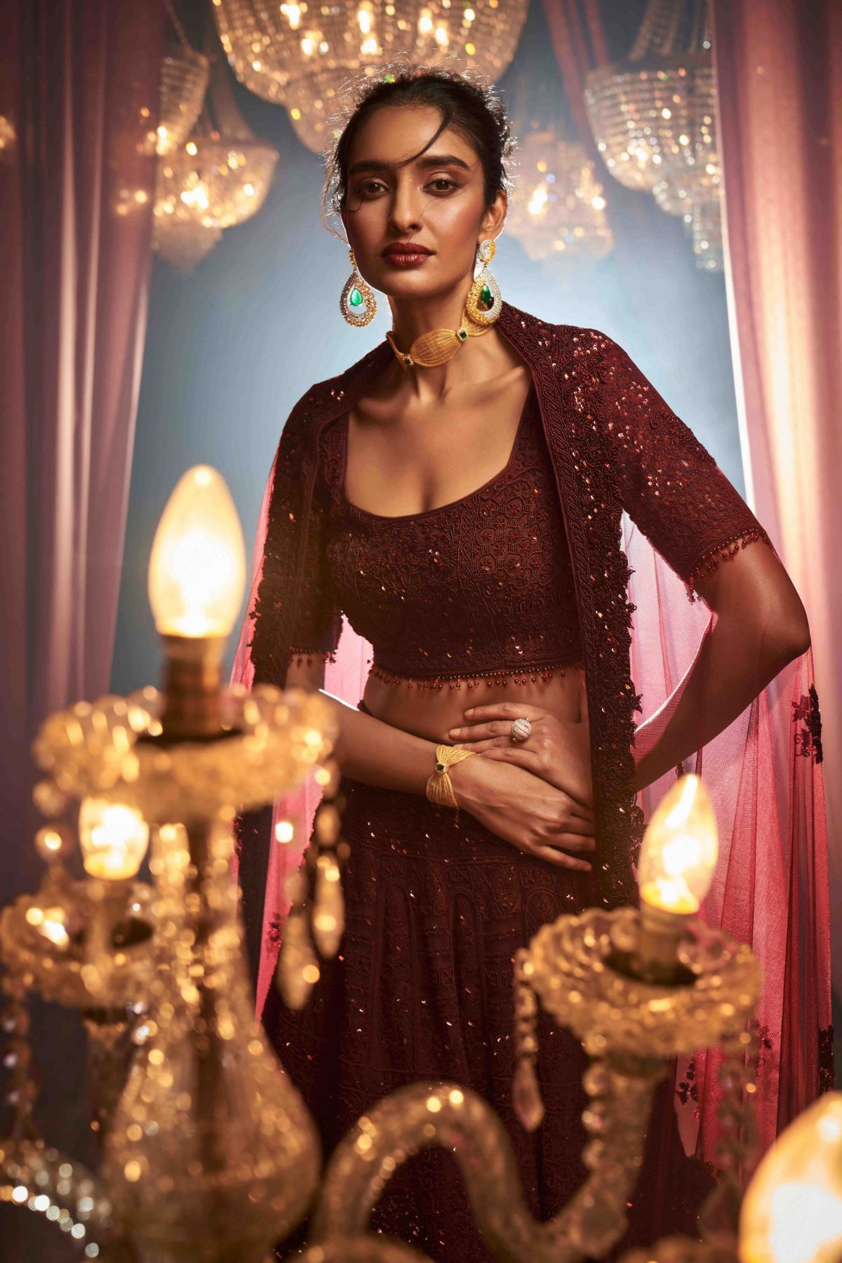 Deep Wine Self Embroidered Lehenga Set