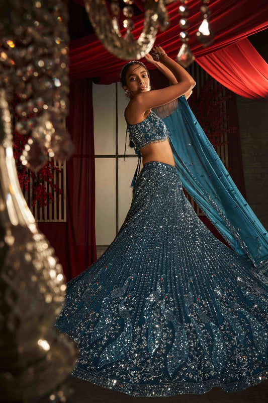 Rama Blue Sequins & Cut Dana Lehenga Set