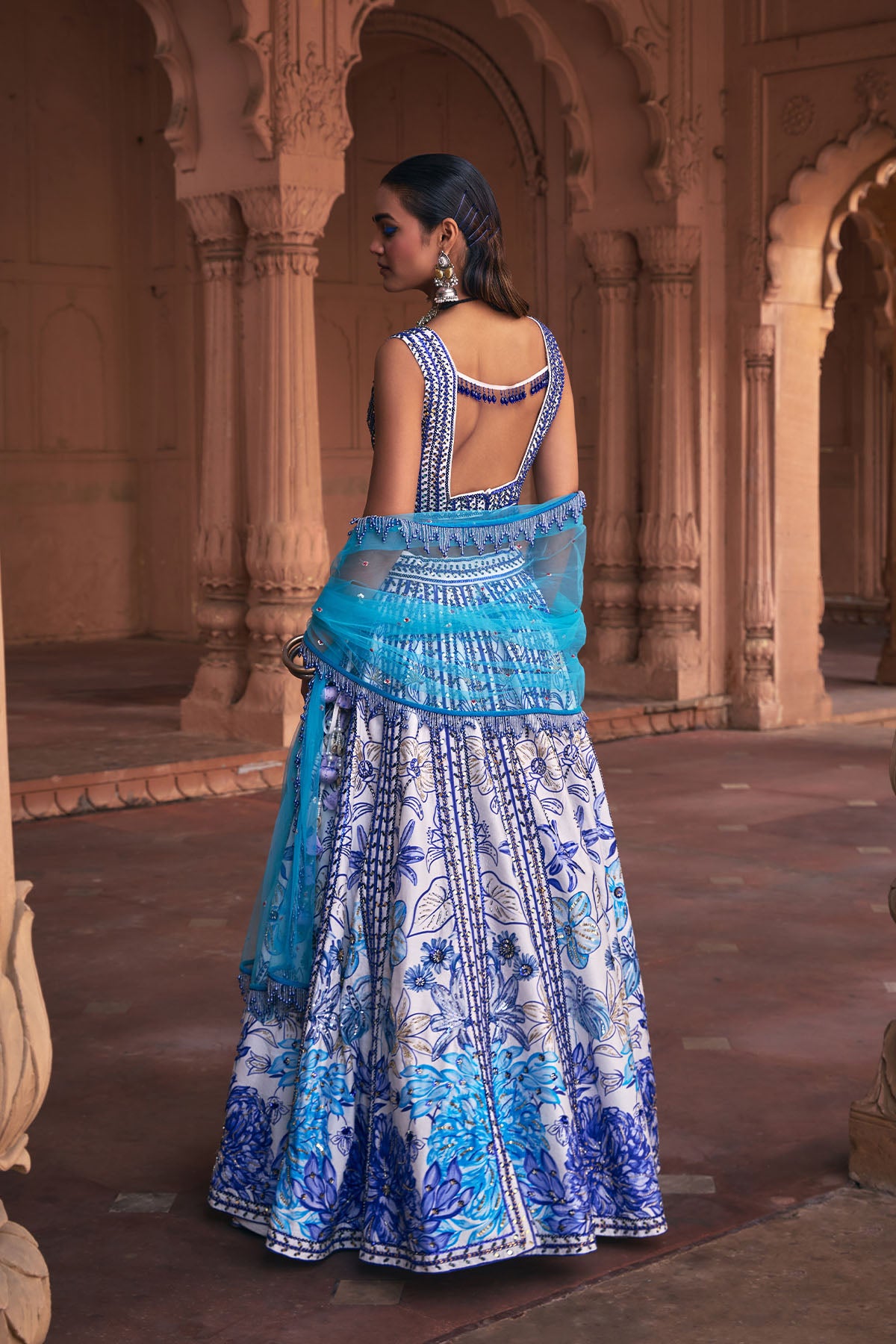 INDIGO BLUE FLORAL FRAME PRINT & EMBROIDERED LEHENGA SET