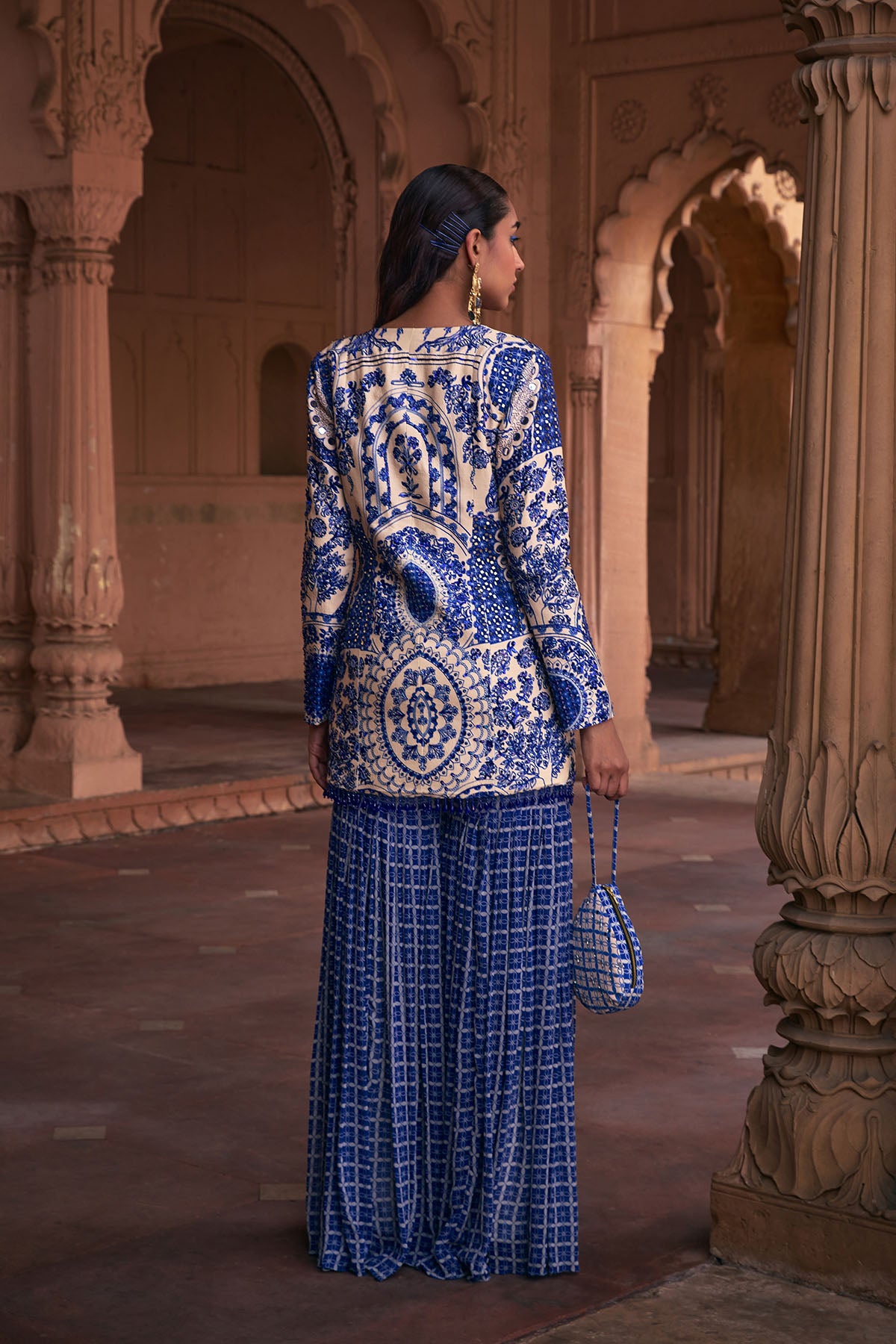 BLUE THIKRI PRINT & HIGHLIGHTED JACKET SET