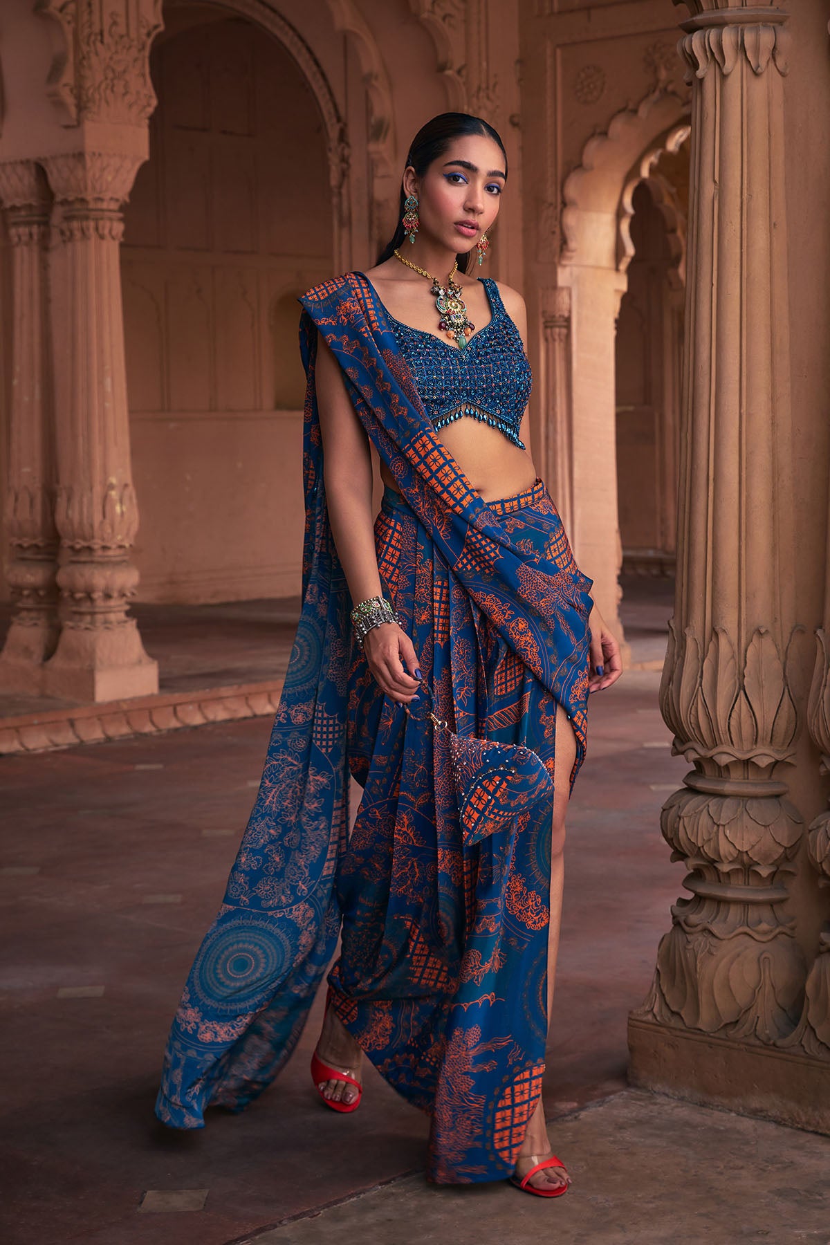 TEAL THIKRI PRINT & EMBROIDERED SAREE SET