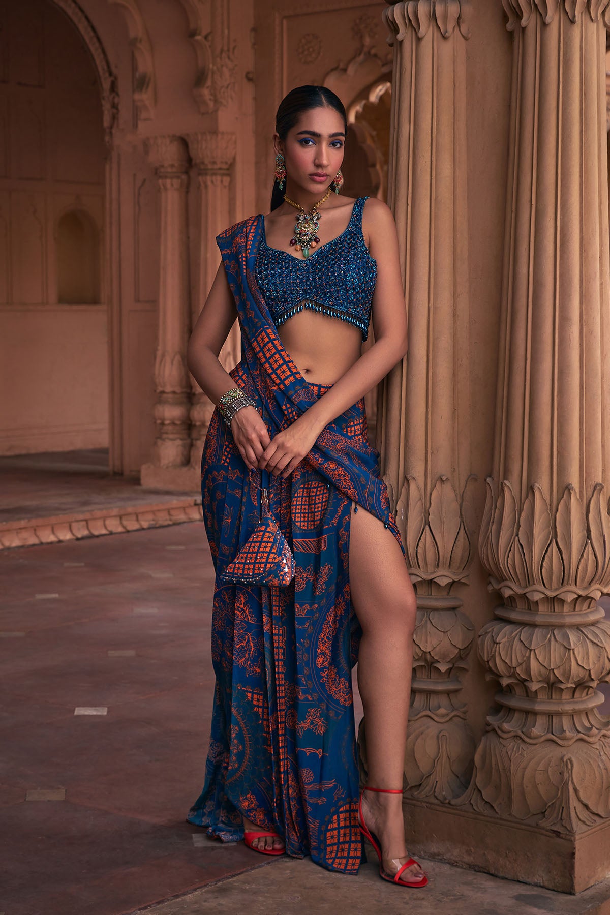 TEAL THIKRI PRINT & EMBROIDERED SAREE SET