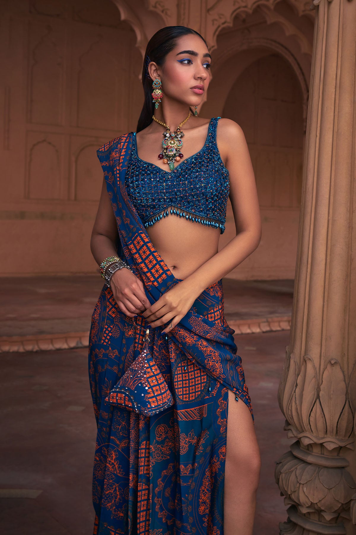 TEAL THIKRI PRINT & EMBROIDERED SAREE SET