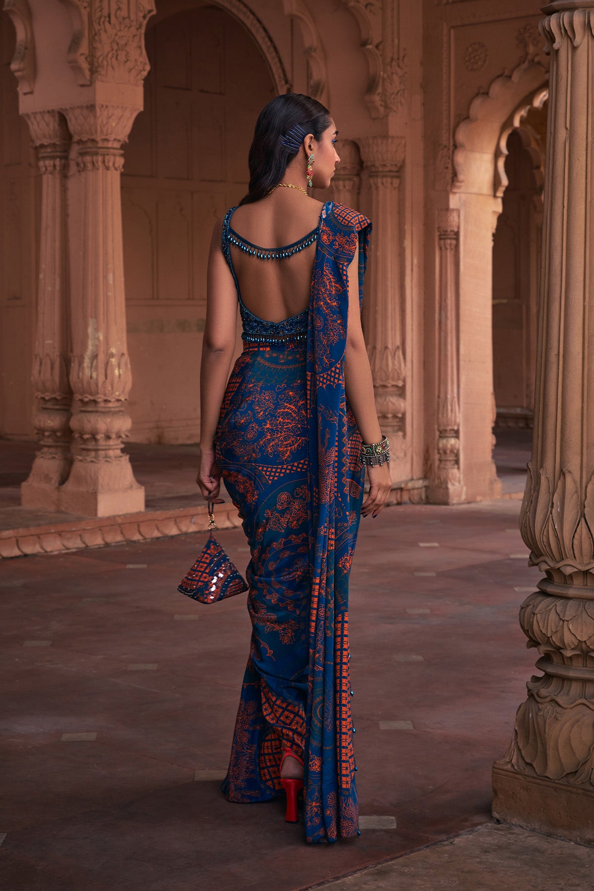 TEAL THIKRI PRINT & EMBROIDERED SAREE SET