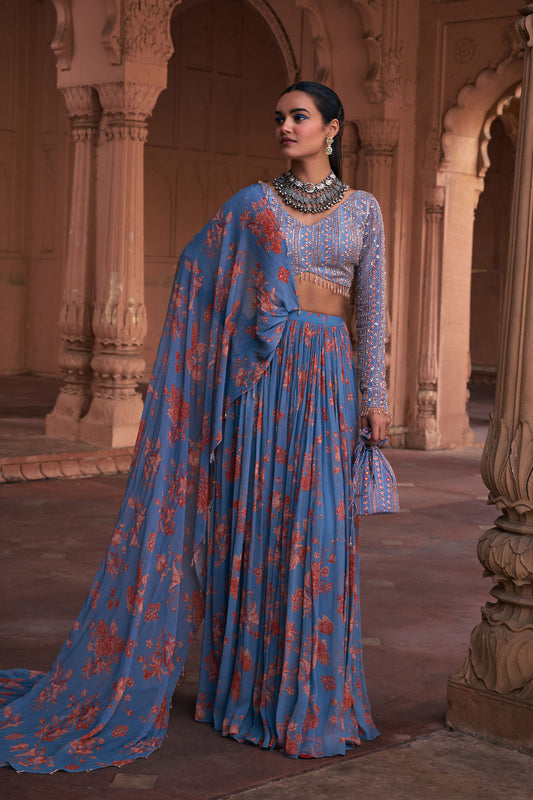 SLATE BLUE FLORAL PRINT & HIGHLIGHTED SAREE SET
