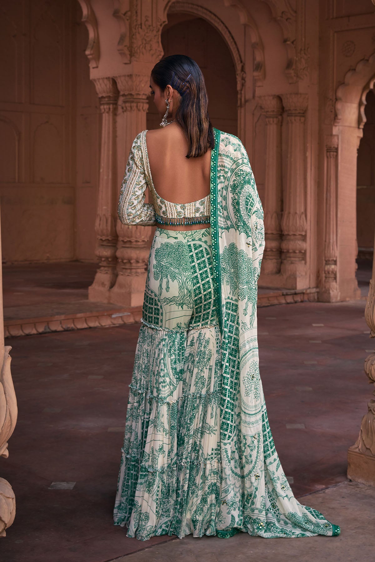 DARK GREEN THIKRI PRINT & HIGHLIGHTED CROP TOP SET