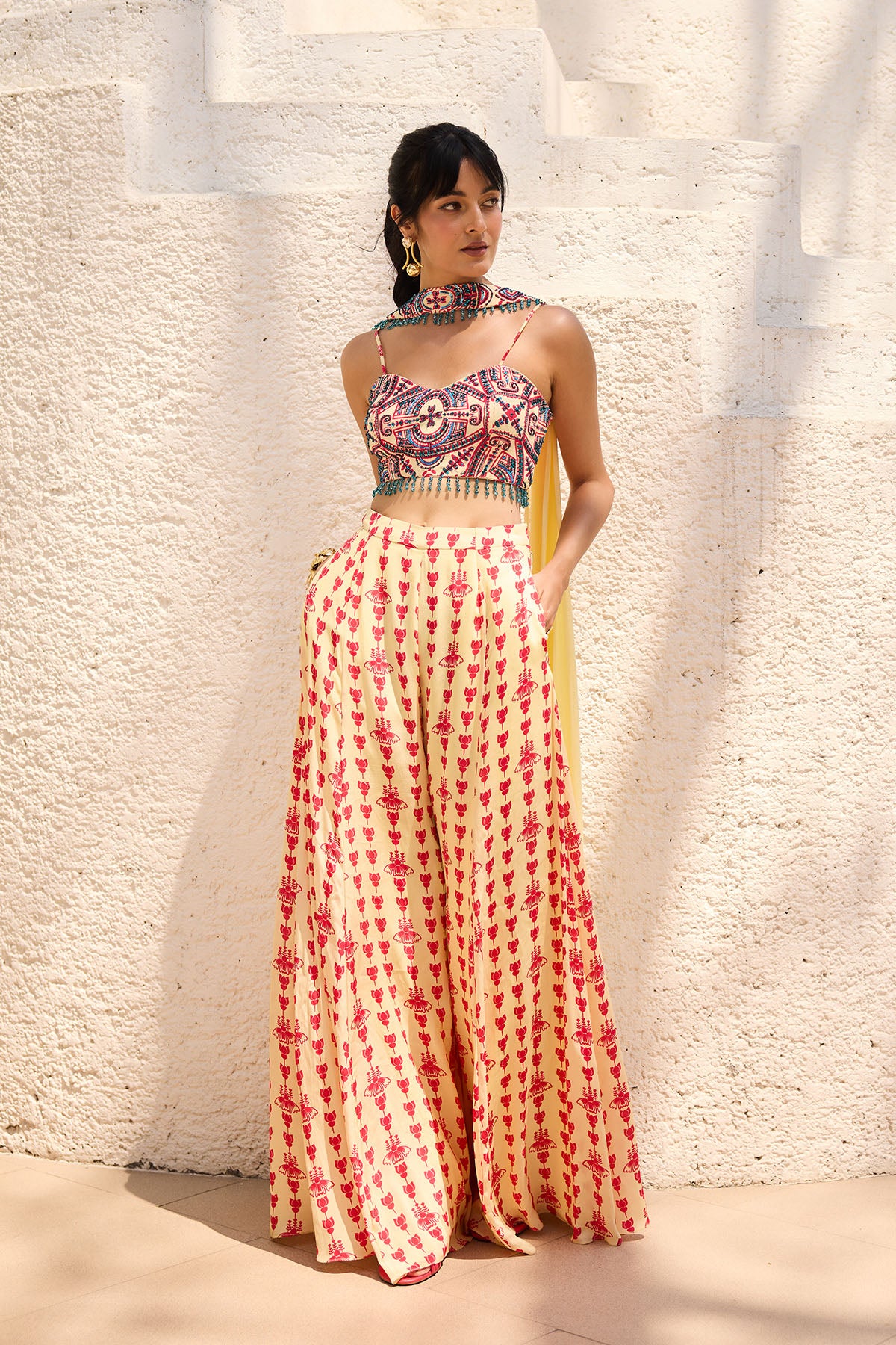 Yellow Asymmetric Printed Crop Top Pant Set