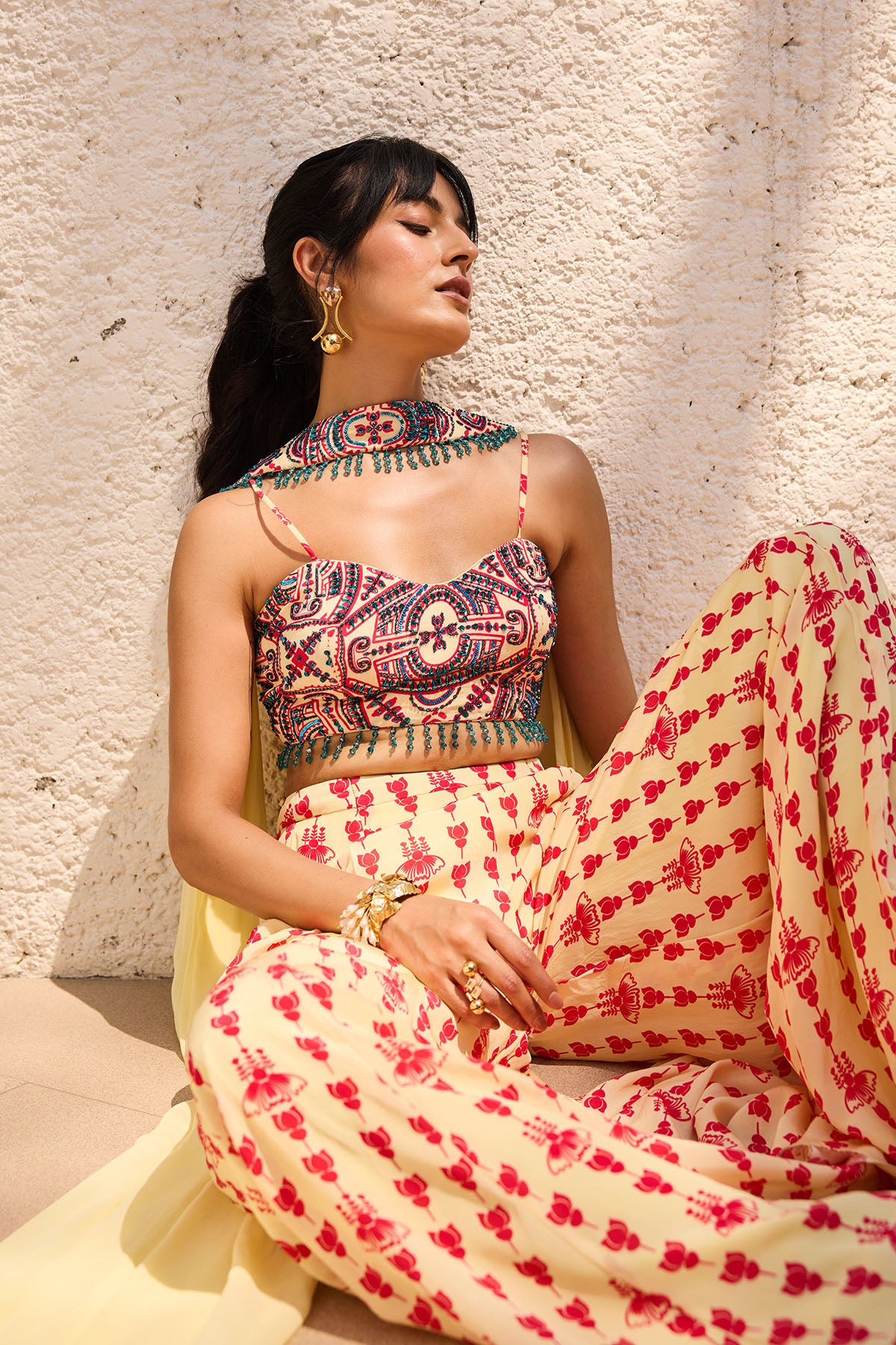 Yellow Asymmetric Printed Crop Top Pant Set