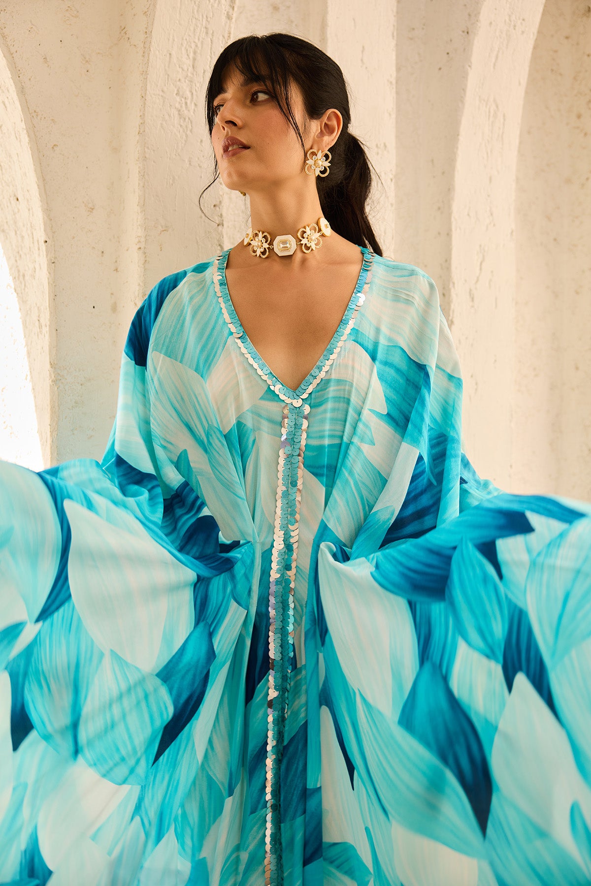 Breezy Blue Petal Printed Kaftan