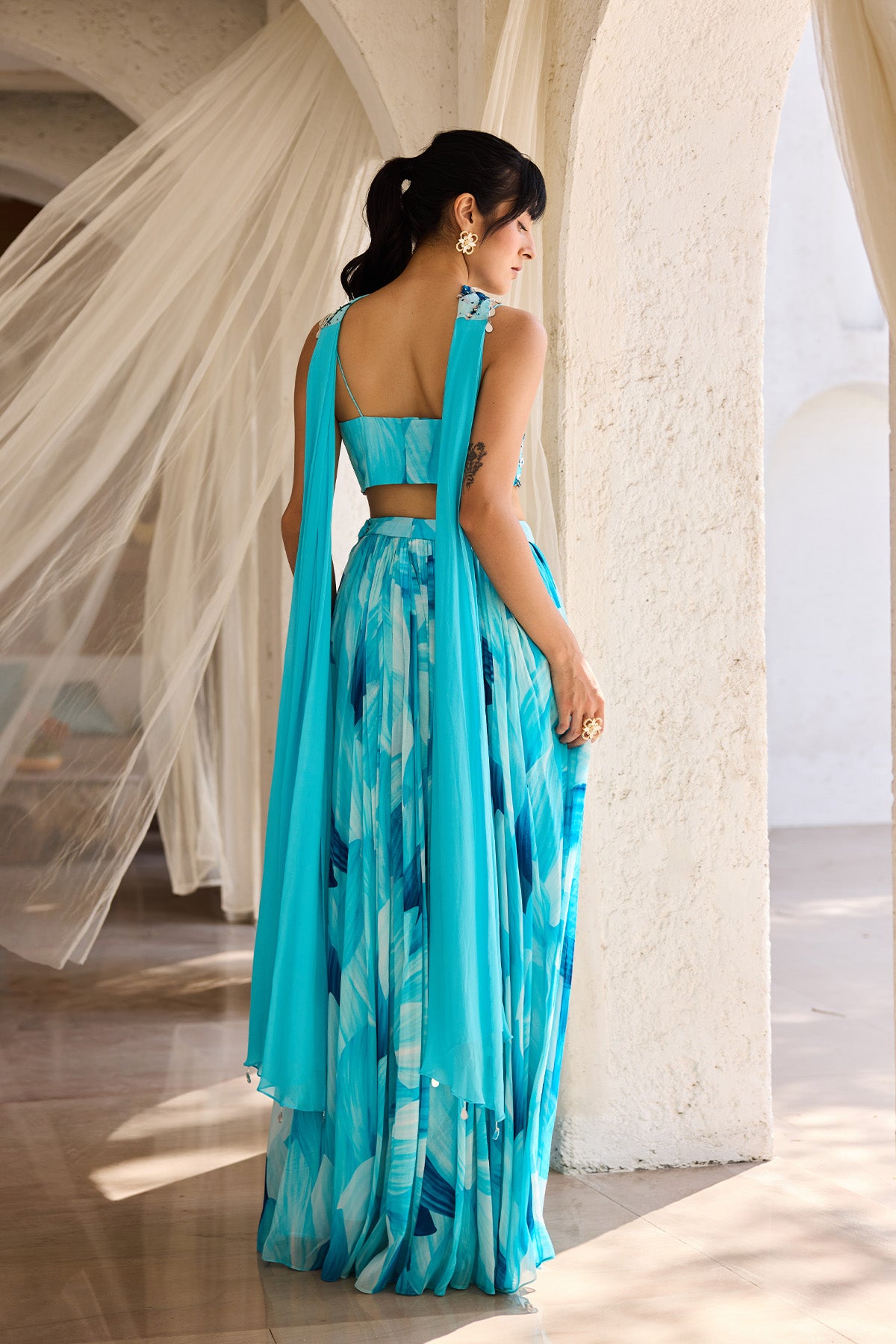 Breezy Blue Petal Printed Crop Top Skirt Set