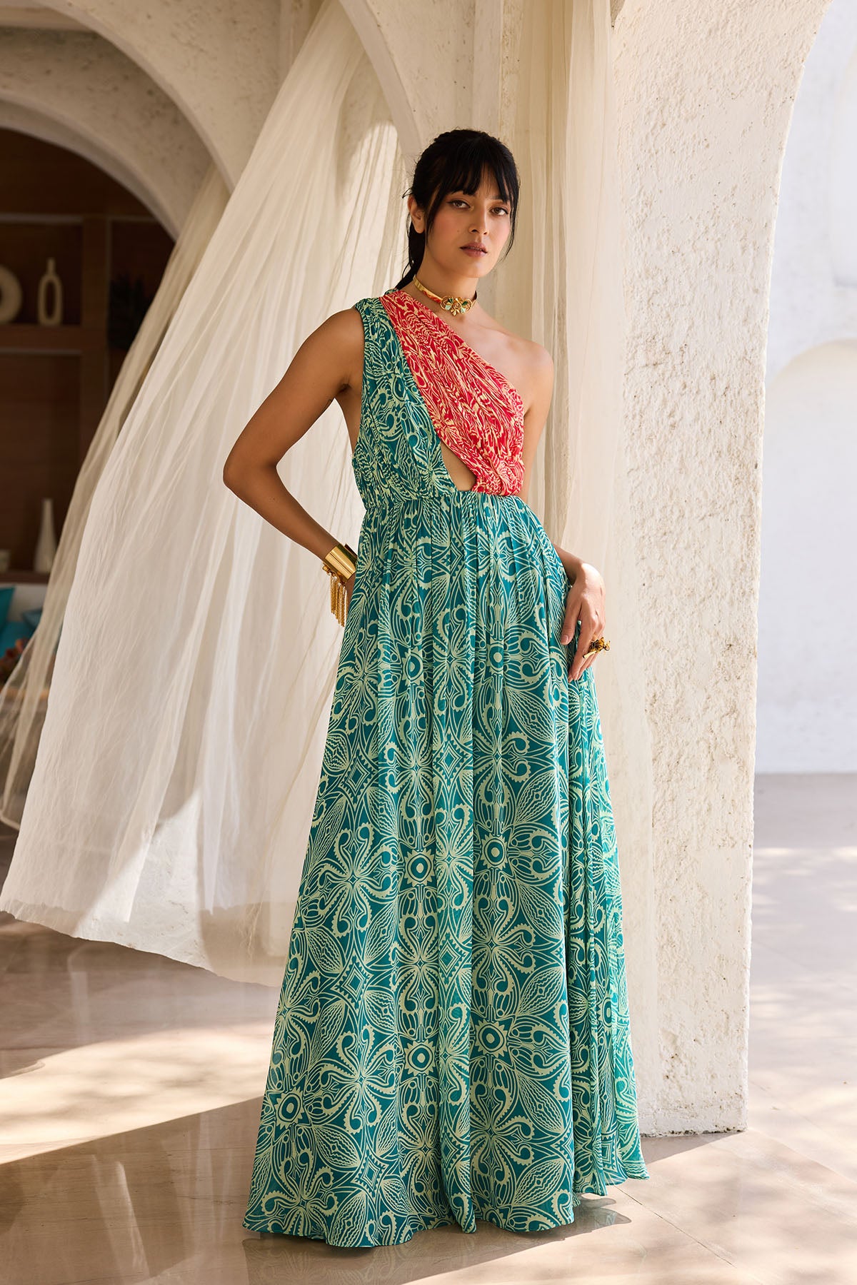 Teal & Pink Asymmetric Printed Dress Custom Tailored Teal & Pink Asymmetric Printed Dress Custom Tailored