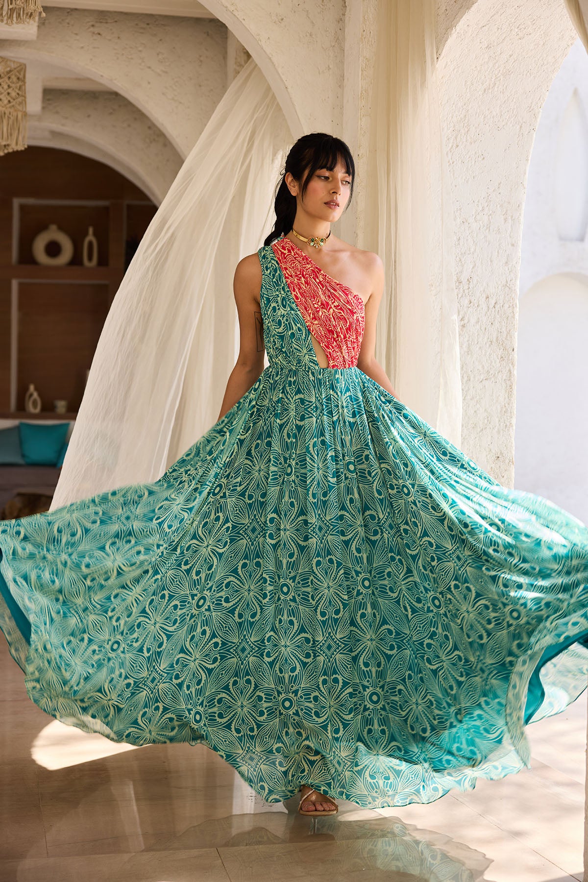 Teal & Pink Asymmetric Printed Dress