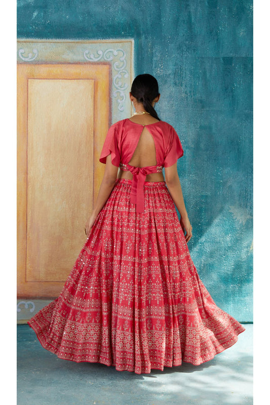 Red Printed Lehenga Set