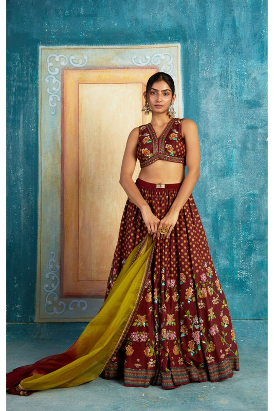 Maroon Printed Lehenga Set