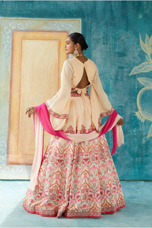 Beige Printed Lehenga Set