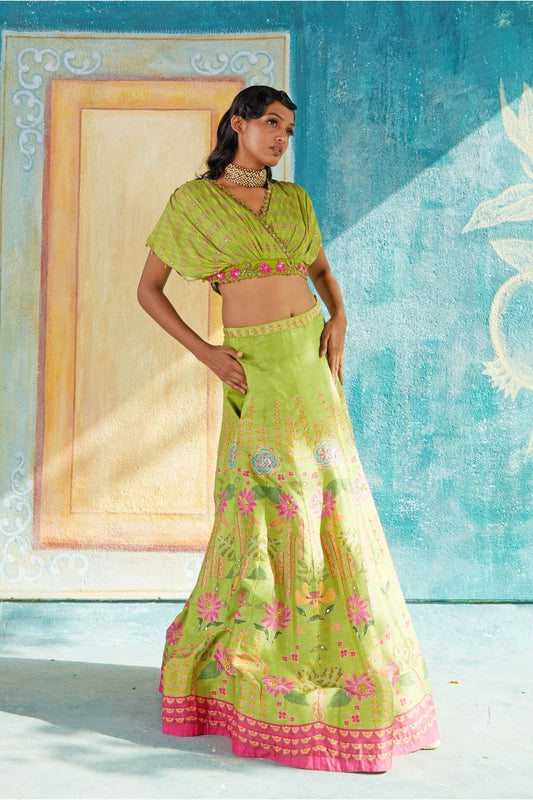 Parrot Green Printed Lehenga Set