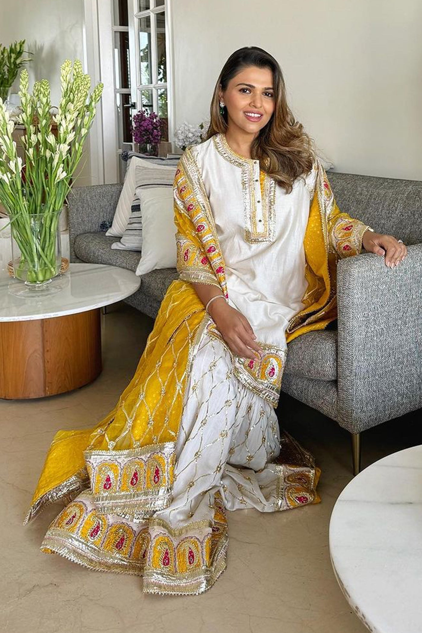 Tina Kakkad In Shabina- Daisy Ivory short kurta with garara and dupatta