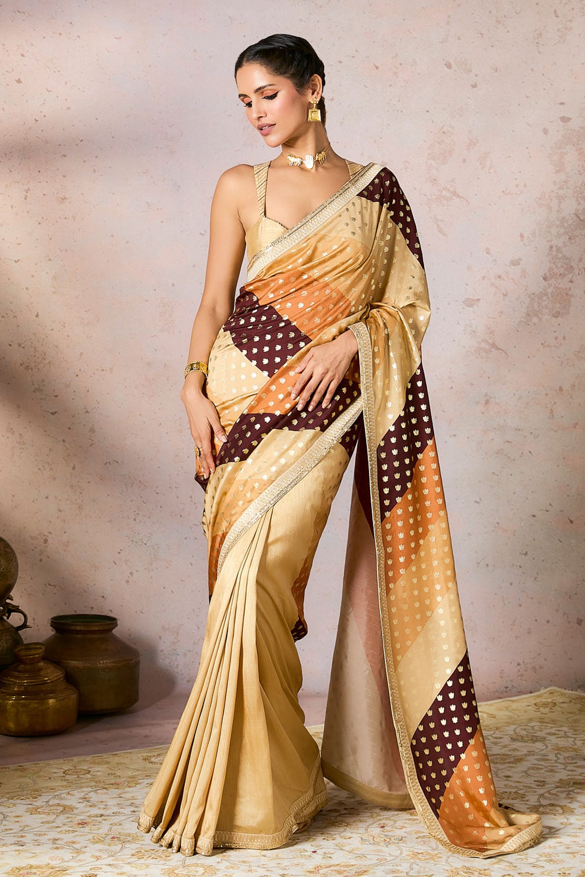 Beige Stripe Foil Saree