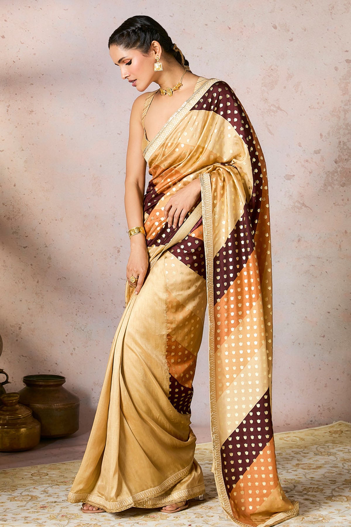 Beige Stripe Foil Saree