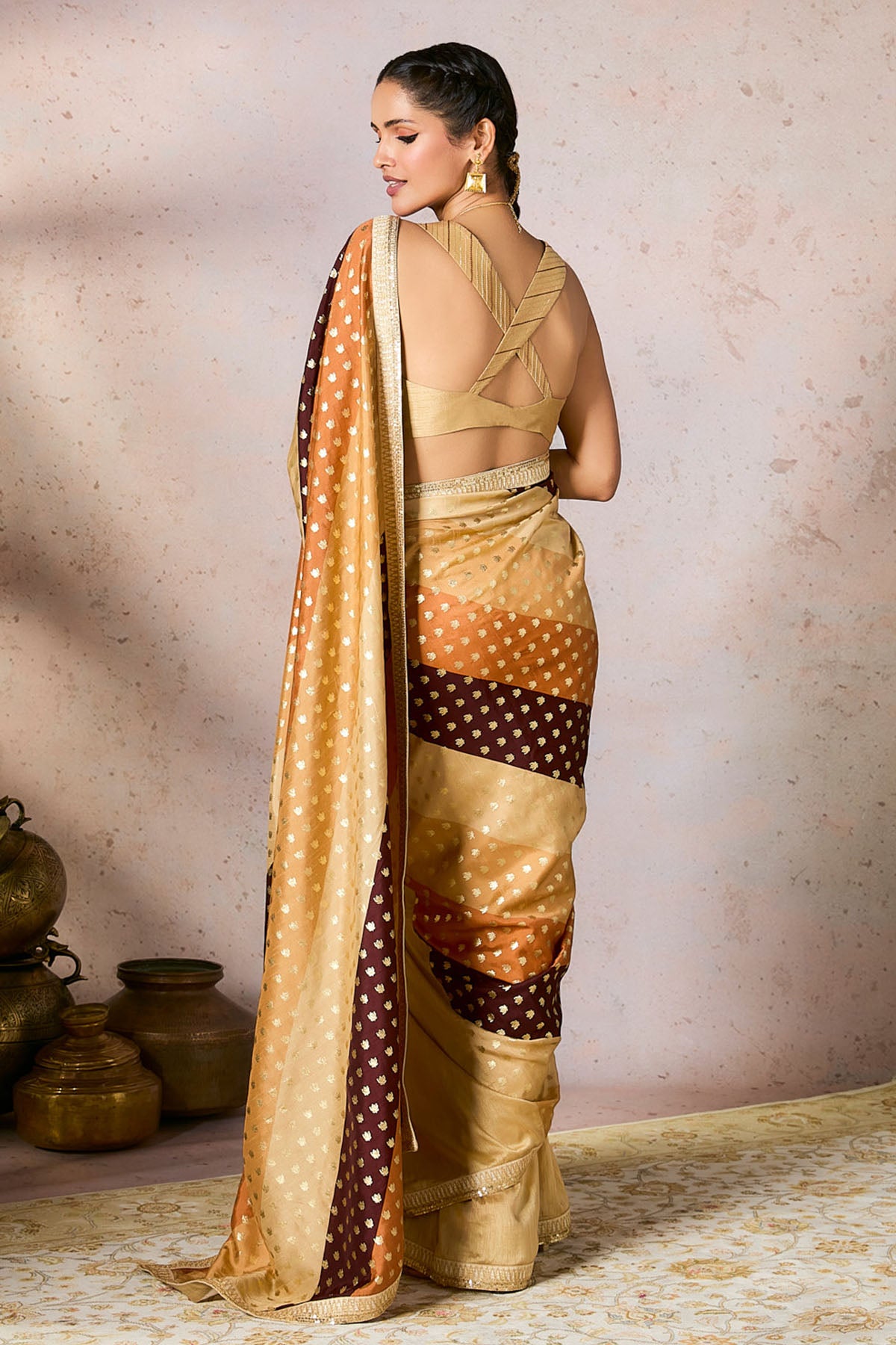 Beige Stripe Foil Saree