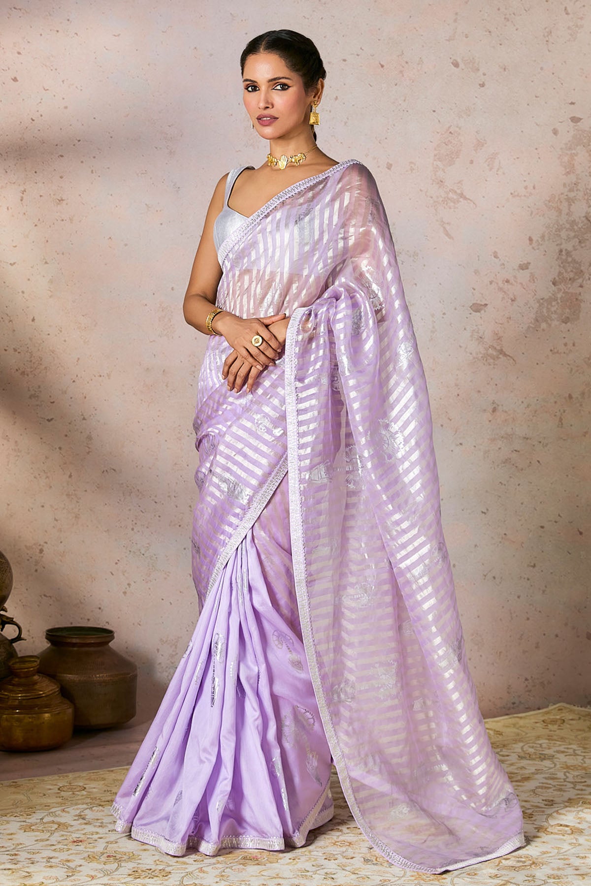 Lilac Striped Zari Saree