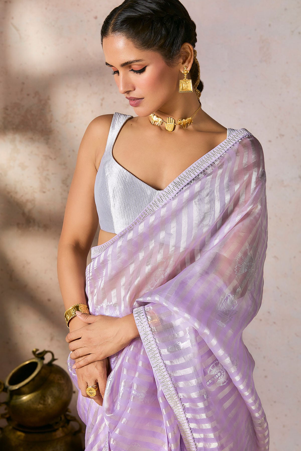 Lilac Striped Zari Saree