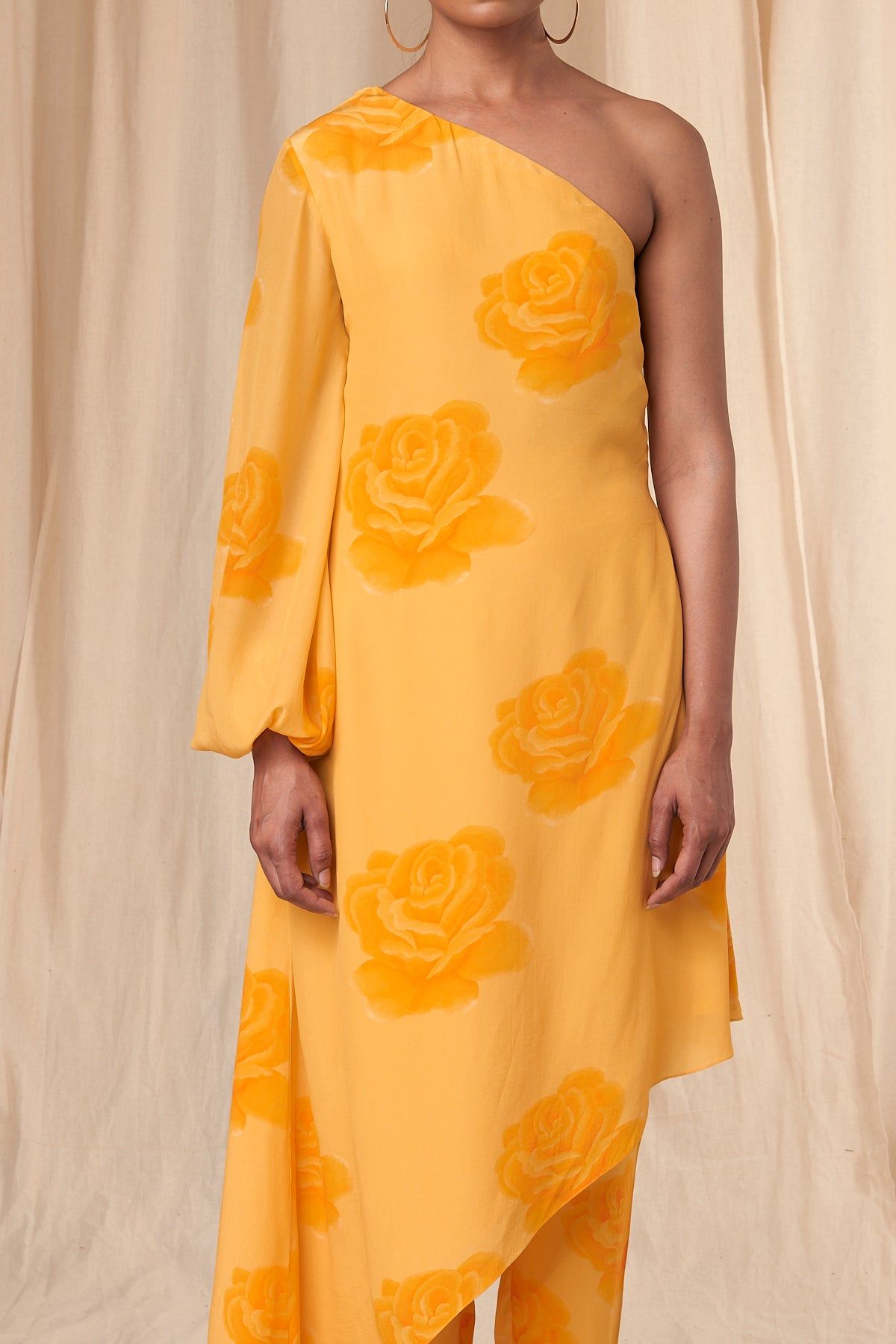 Pollen Yellow Rosy One Shoulder Kaftan Dress Set