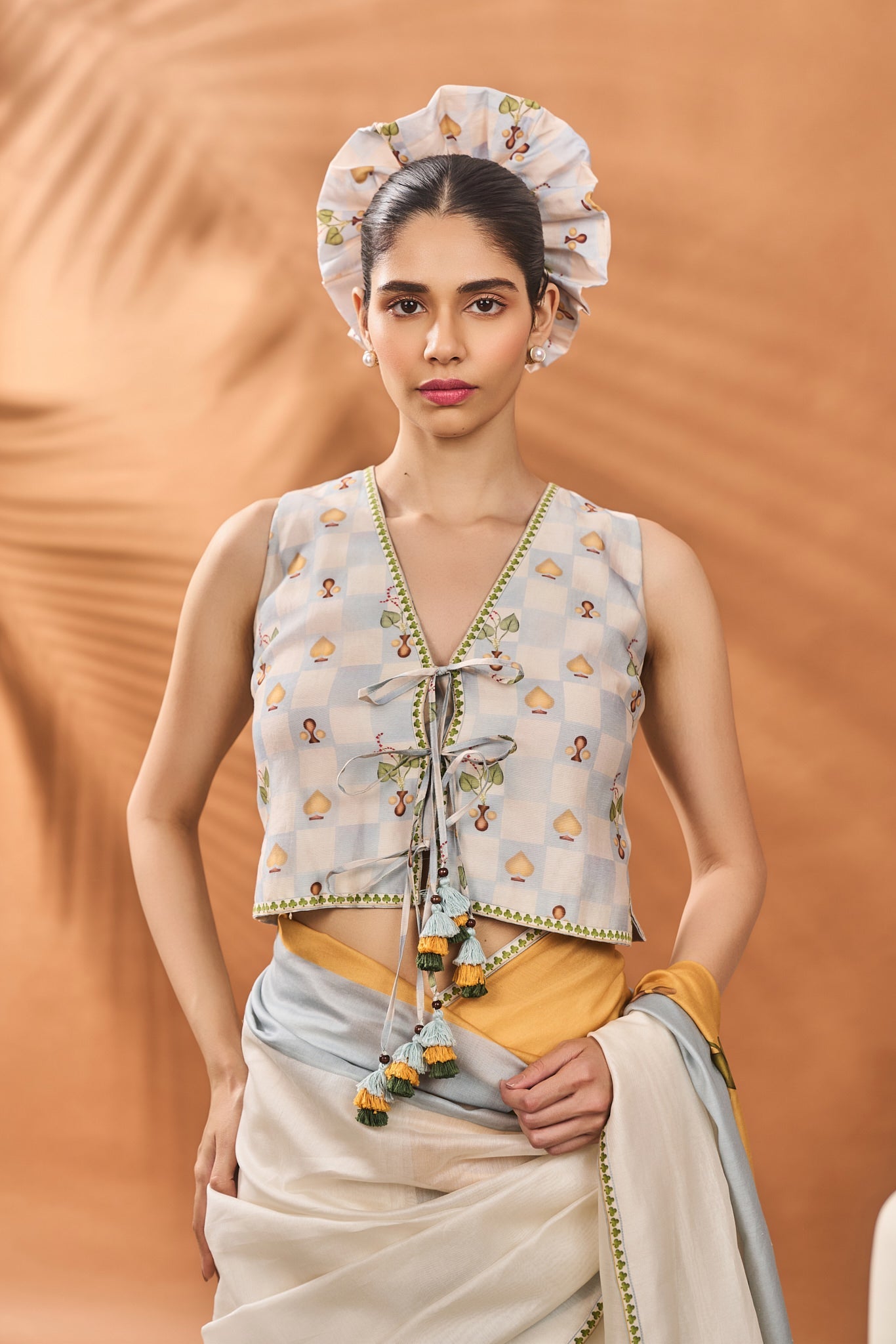 IVORY STRIPE GARDEN GRID SAREE
