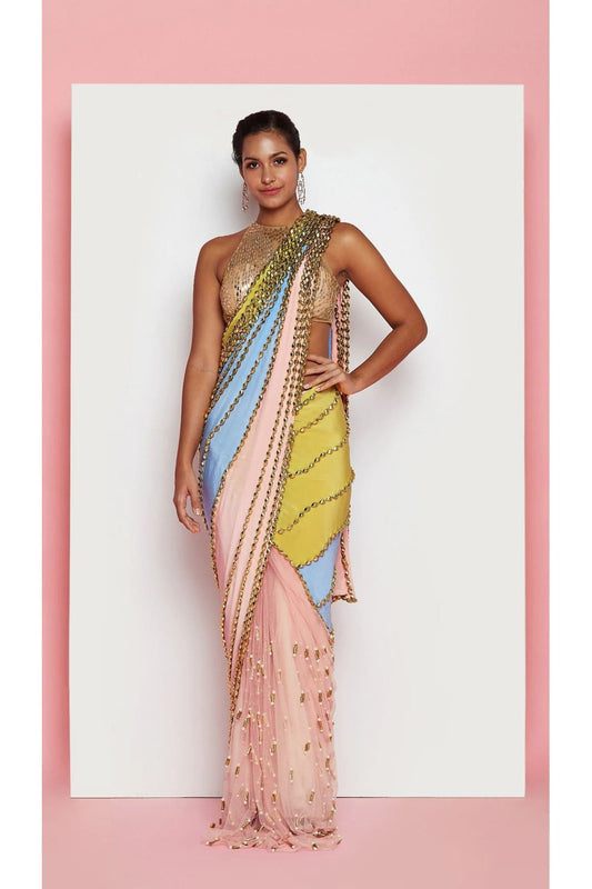 Rock-N-Rolla - Tri-Colored Embellished Prestiched Sare Set