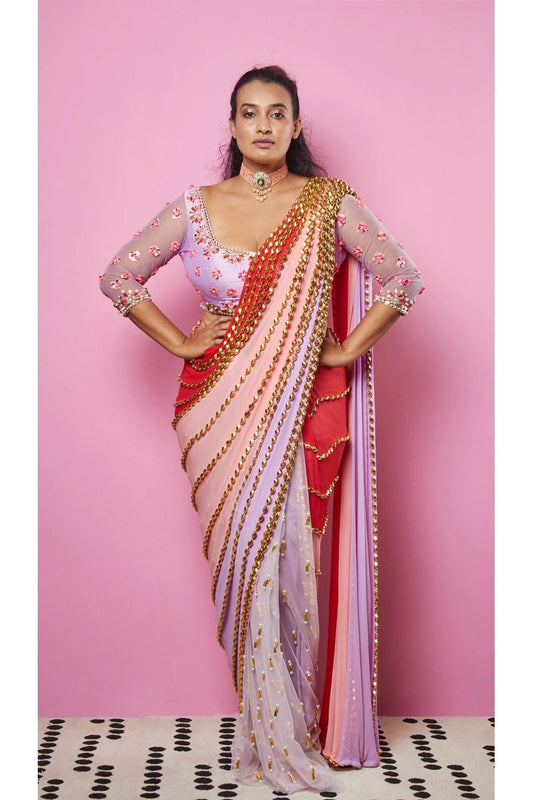 Multi-Colored Embellished Pre-Stiched Saree Set