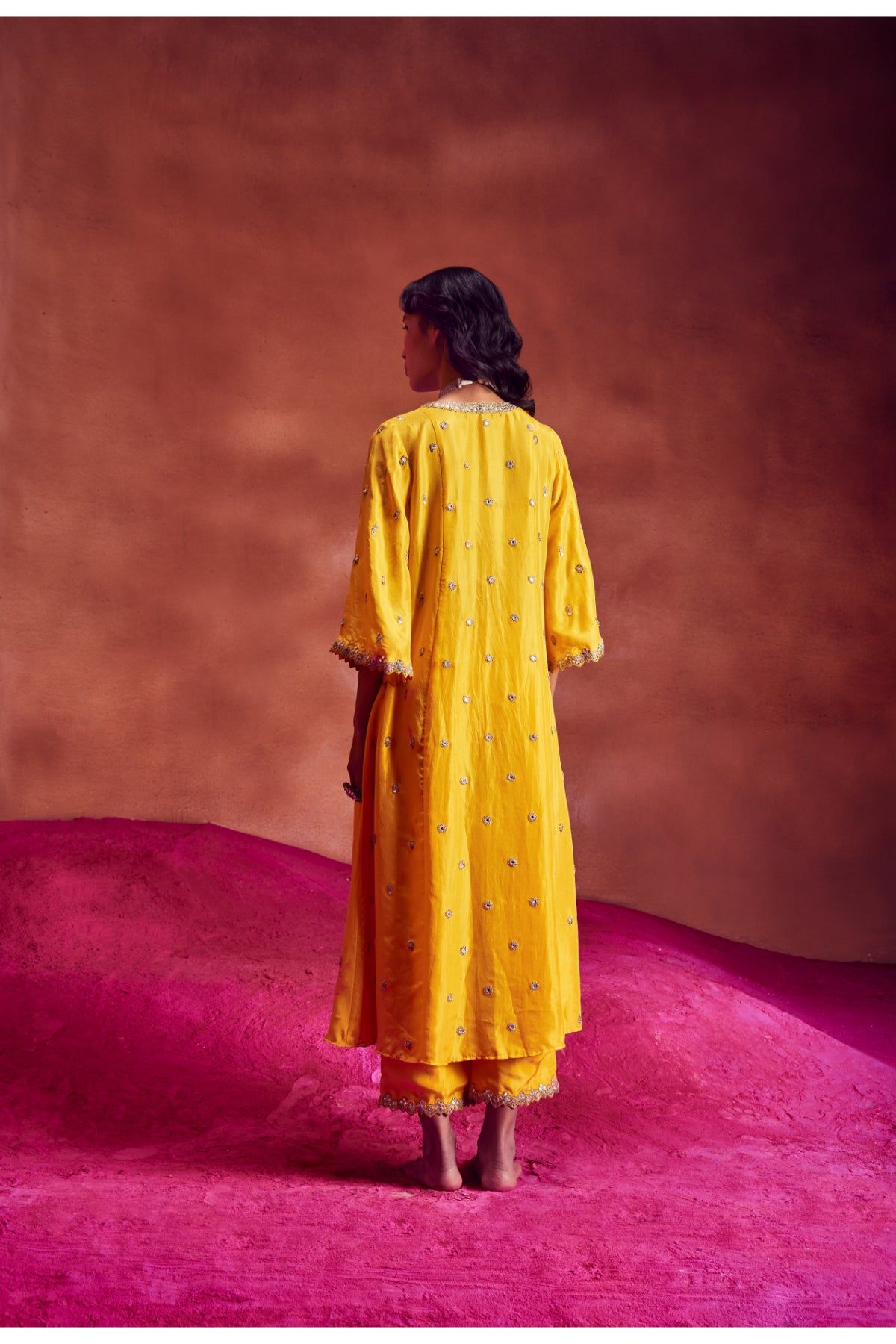 Yellow Silk Anarkali With Pants & Dupatta