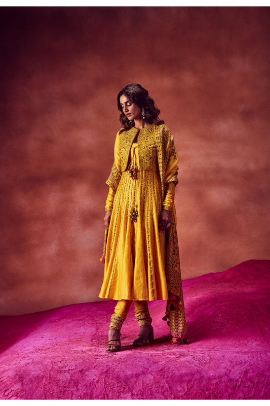 Yellow Resham Work Anarkali Paired With Jacket & Churidar
