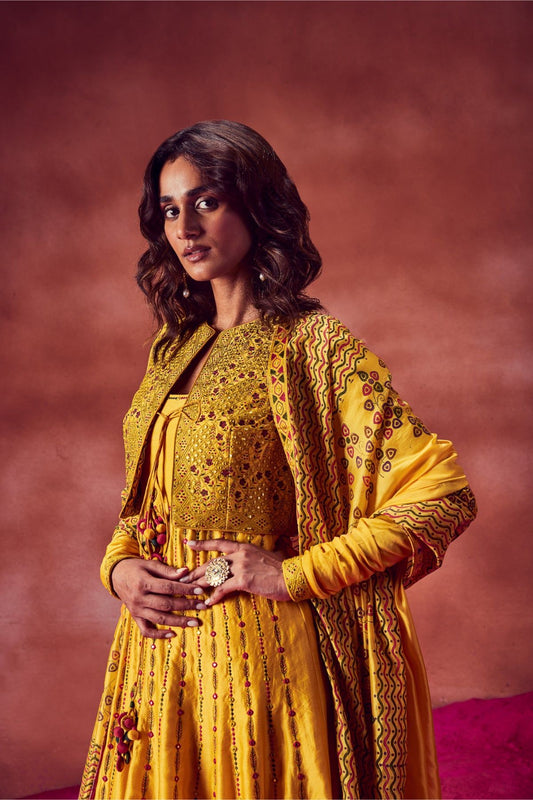 Yellow Resham Work Anarkali Paired With Jacket & Churidar