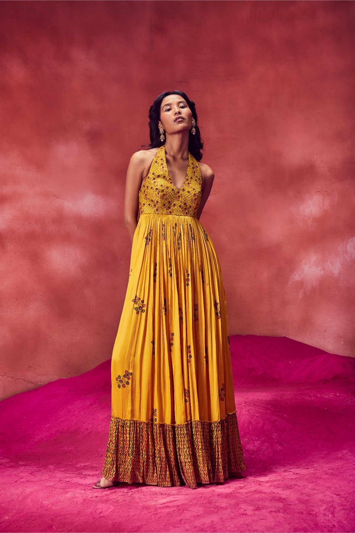 Yellow Printed Long Crush Dress