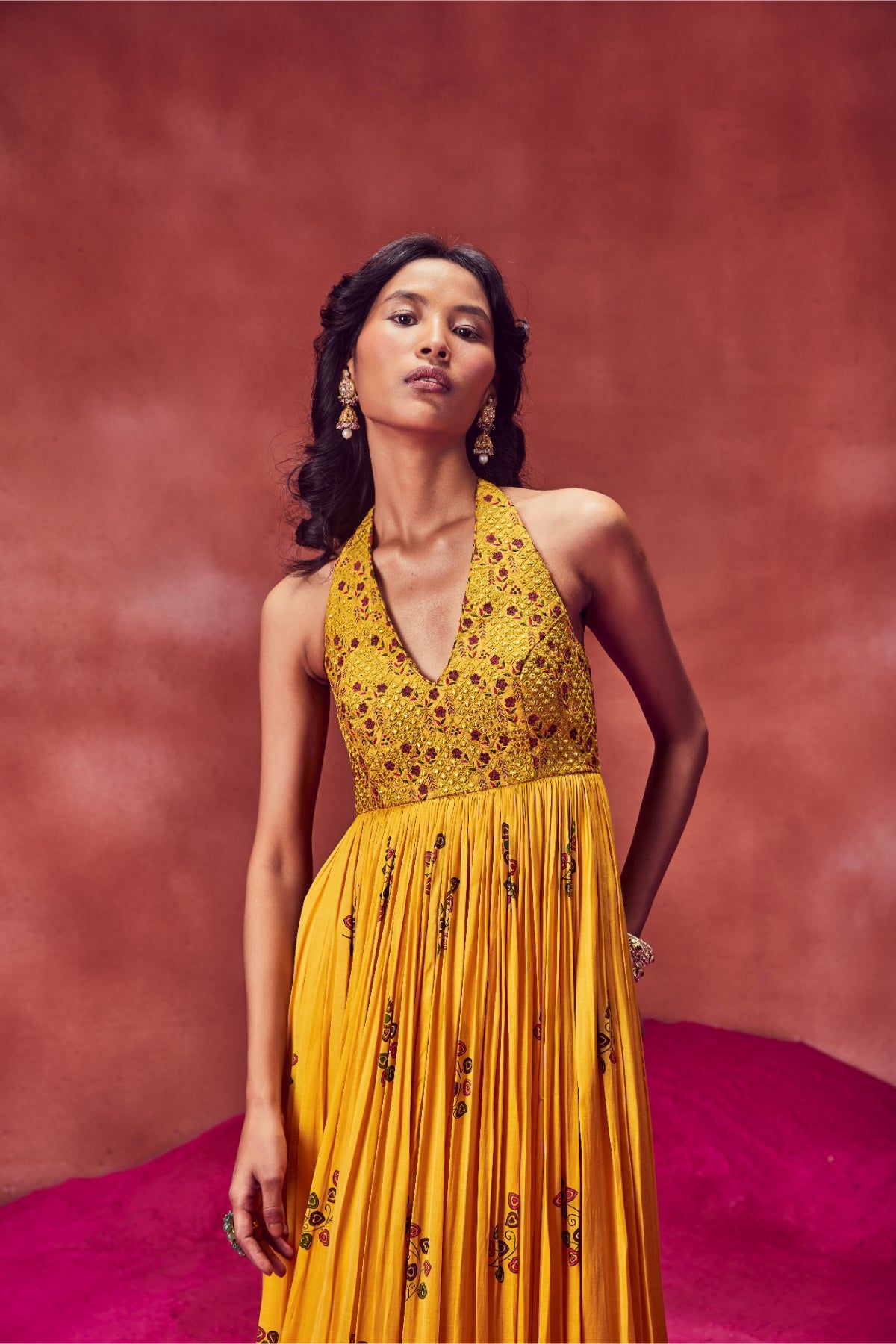 Yellow Printed Long Crush Dress