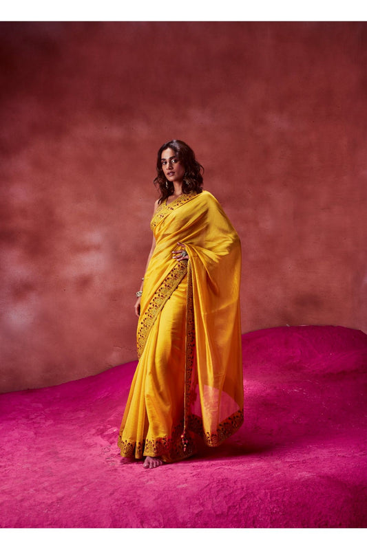 Yellow Resham Work Saree With Blouse