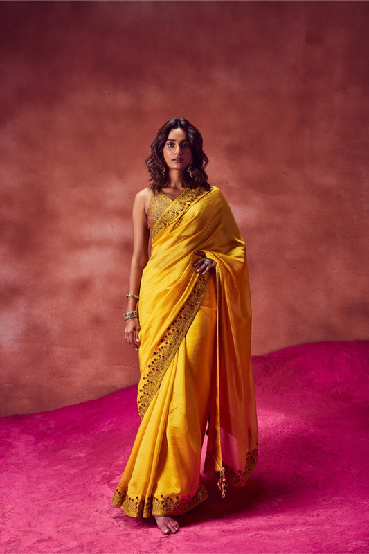 Yellow Resham Work Saree With Blouse