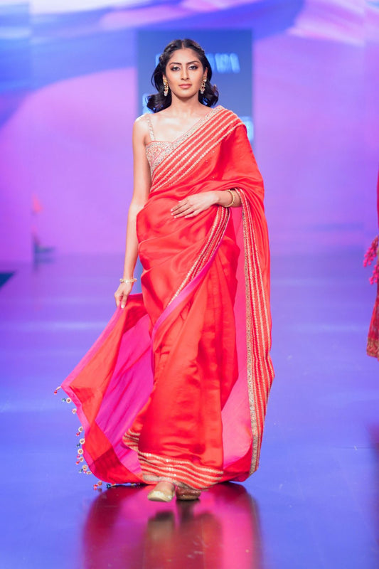 Surkh Laal Hand Embroidered Saree Paired With Heavy Blouse