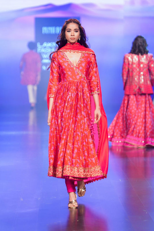 Surkh Laal Floral Anarkali Paired With Dupatta & Churidar