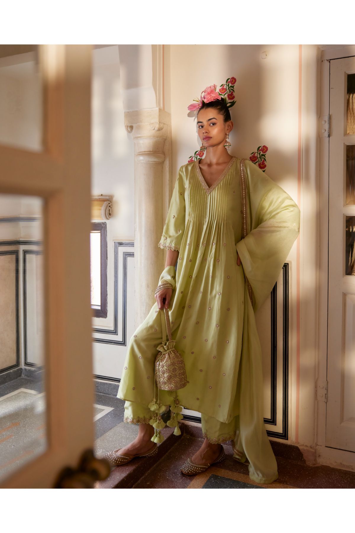 Mint Anarkali Paired With Pants & Dupatta