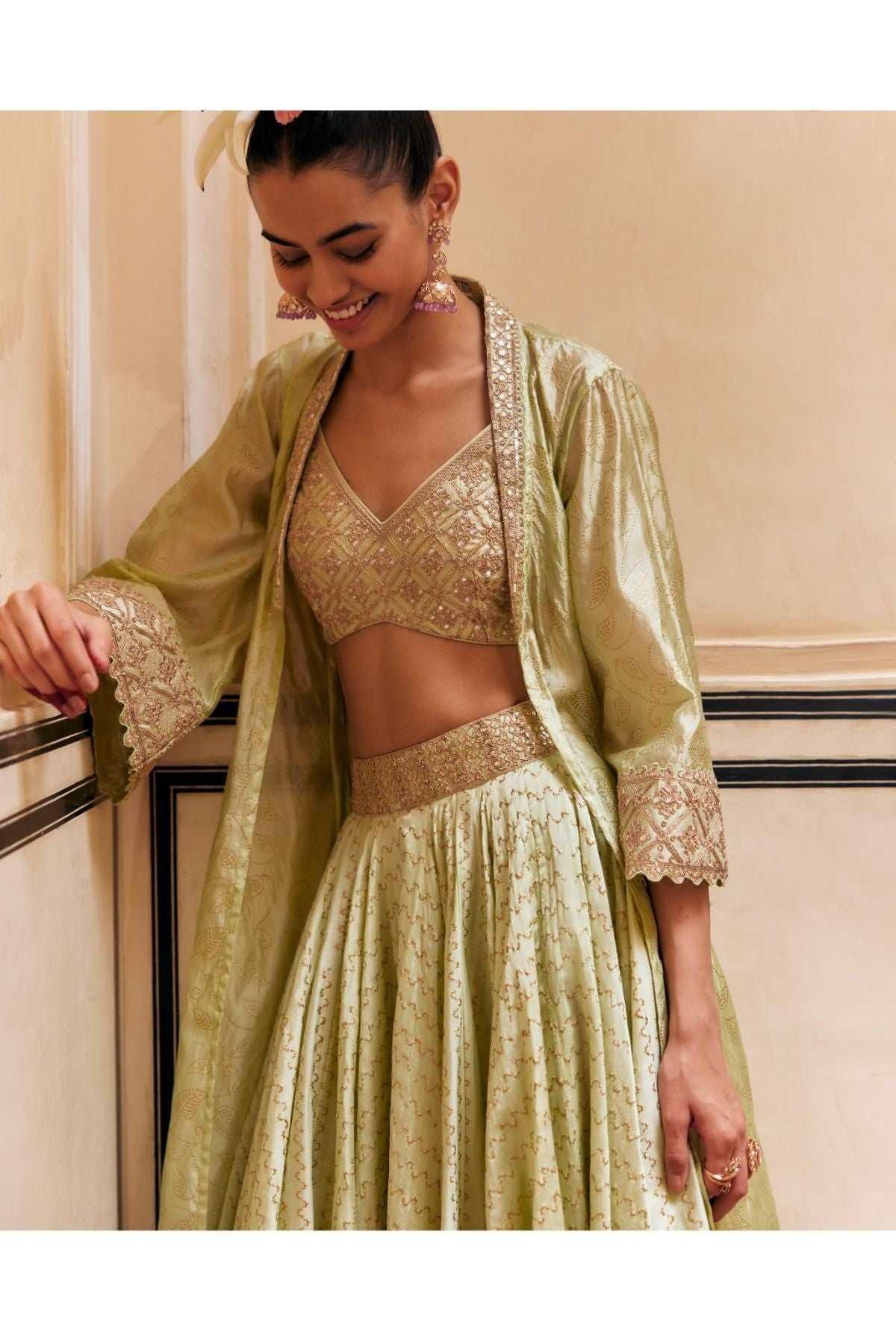 Mint Skirt & Blouse Paired With Cape