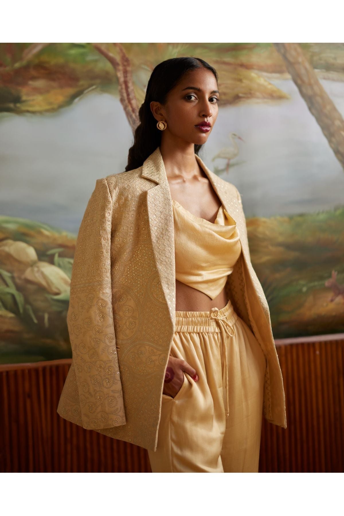 Buttercup Cowl Top Paired With Jacket & Pants