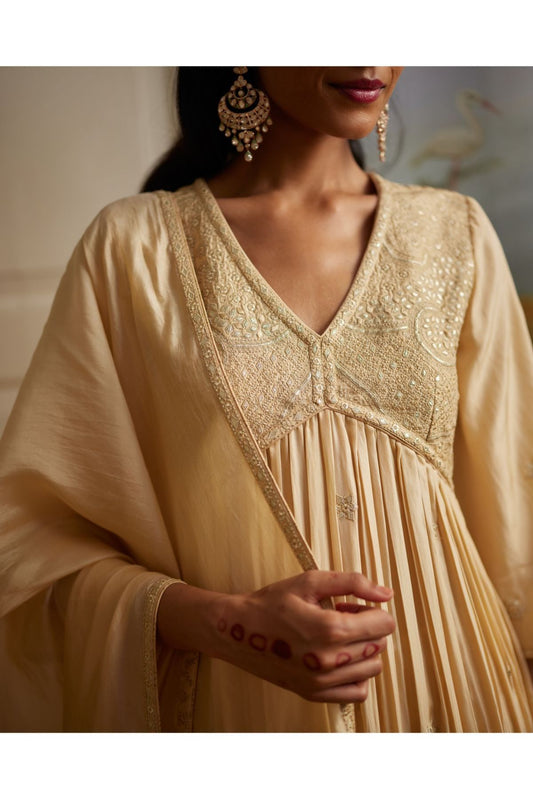Buttercup Silk Anarkali Paired With Pants & Dupatta