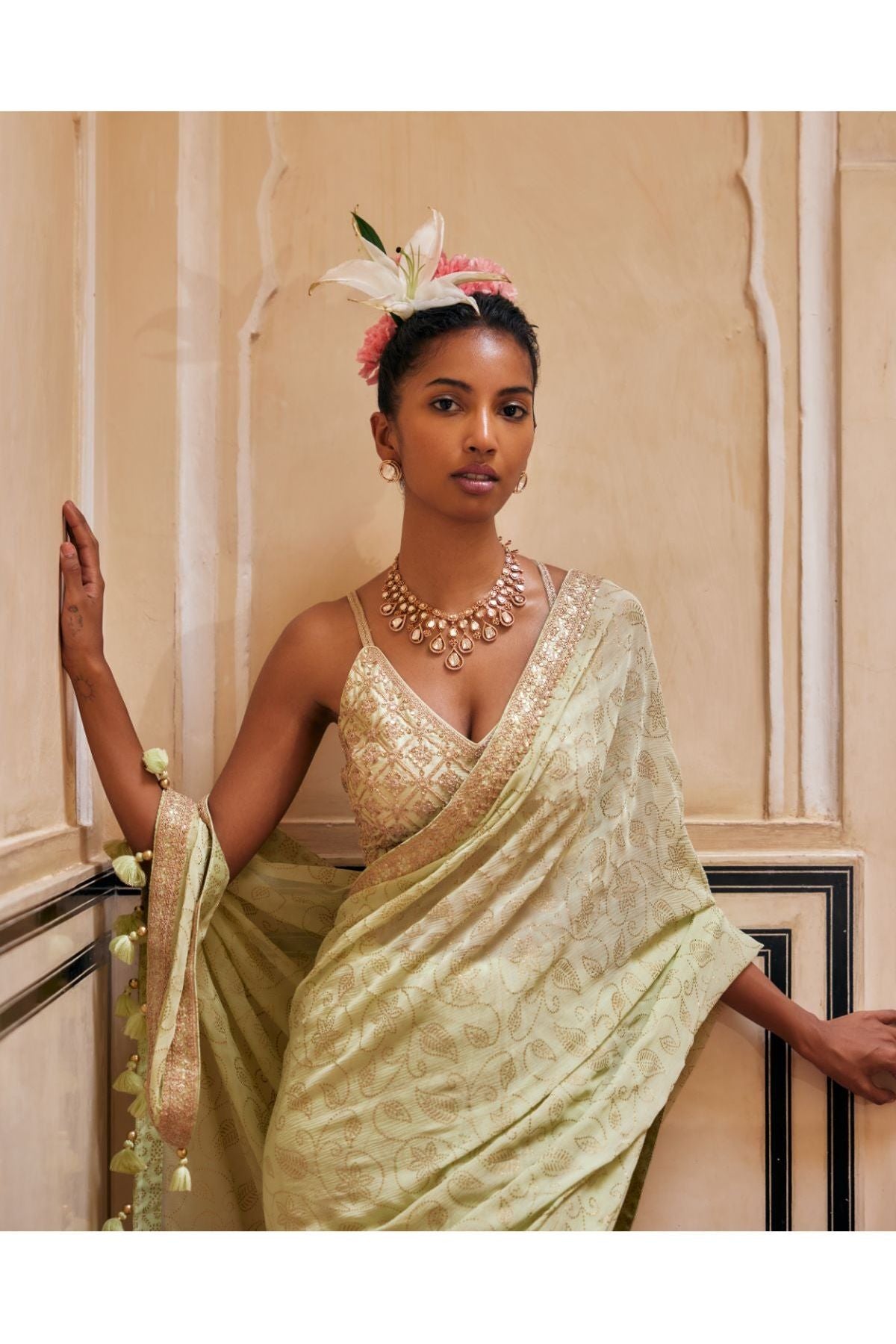 Mint Gold Print Saree With Embroidered Blouse